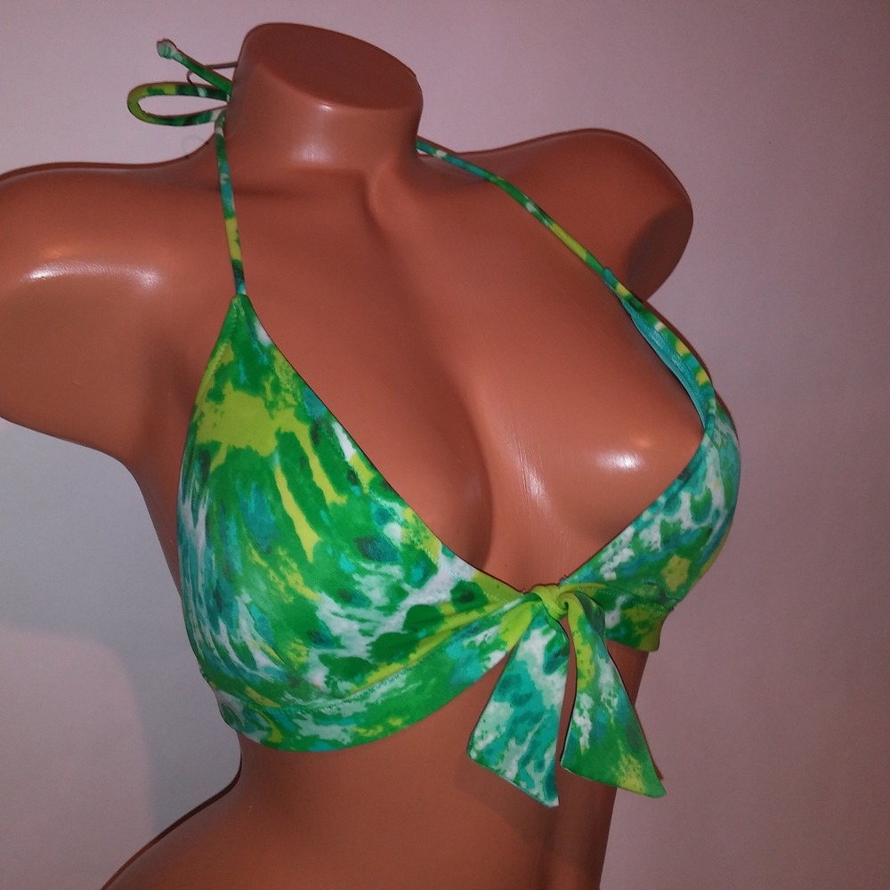 Victoria Secret Swim Bikini Top Large Green Tie Dye Halter Triangle Push Up